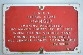 Original unrestored vintage painted cast iron LNER Petrol Store Danger sign, casting number 011,