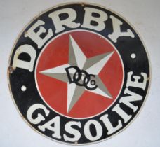 Circular plate steel enamel advertising sign for Derby Gasoline. D55.5cm