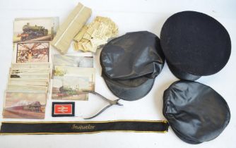 Collection of vintage railway tickets, 3 uniform hats, an Inspectors cap band, a pair of ticket