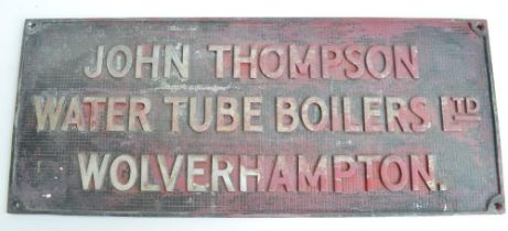 Relief cast metal advertising sign for John Thompson Water Tube Boilers Ltd Wolverhampton, 90.7x37.