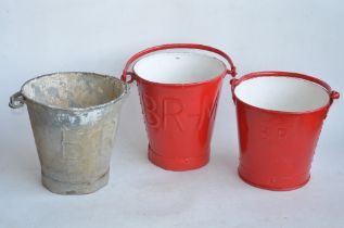 Three rivetted steel British Railways fire buckets to include 2 red painted examples (1xBR, 1x BR-M)