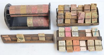 Collection of vintage bus tickets (to include rolls), a metal ticket drum holder and 3 wooden ticket