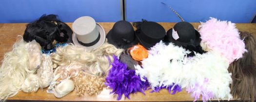 Selection of ladies and gentleman's hats incl. top hat and bowler together with feather boas,
