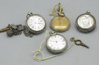 Four late C19th ladies Swiss cylinder fob watches hallmarked .800 and .935 and an Albertina