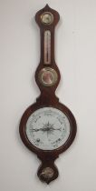 C19th mahogany wheel barometer, 10" painted dial with dry - damp indicator, thermometer, butler's