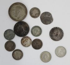 Small selection of GB silver content coinage incl. a 1787 Geo. III silver sixpence