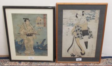 Japanese School; Study of a Geisha, and a similar study of a man, colour prints, 35cm x 23cm (2)