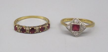 18ct yellow gold five ruby and diamond ring, size O1/2, and an 18ct yellow gold red stone and