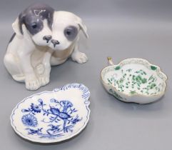 Royal Copenhagen figure of two puppies, H15cm; and two small Meissen dishes (3)