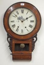 Early C20th American inlaid walnut drop dial wall clock, 11 3/4" painted metal Roman dial, two train