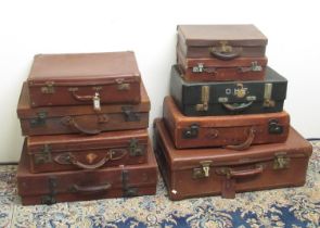 Nine vintage leather suitcases, max. L71cm, a tin trunk, and a wooden tool box (11)