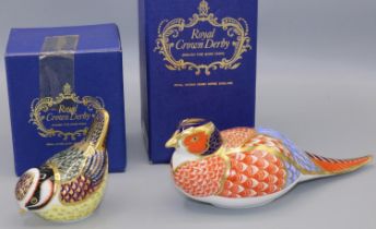 Two Royal Crown Derby paperweights: Blue Tit and Pheasant, gold stoppers, with boxes (2)