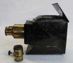 Vintage Magic Lantern with brass lenses (incomplete). A collection of twenty coloured glass
