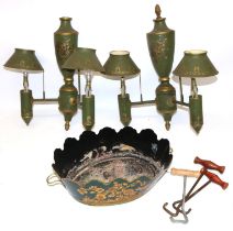Pair of green tole type wall light fittings with transfer decoration; painted tole oval cache pot,