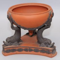Wedgwood Rosso Antico pastille burner, tripod base with dolphin supports, lacking cover, H8.5cm