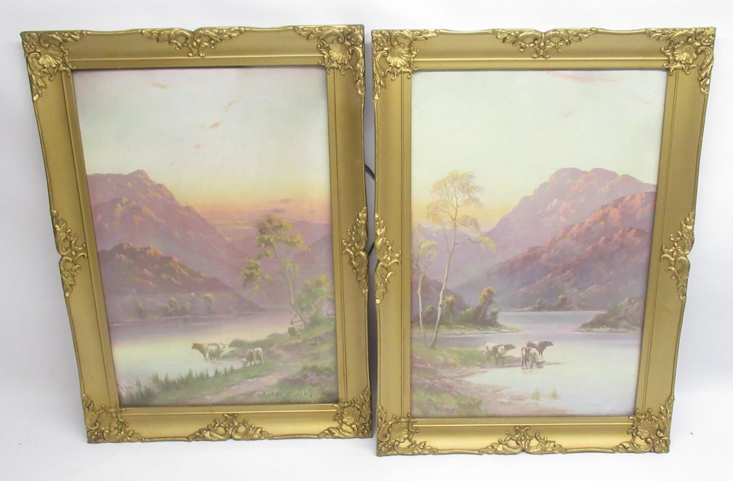 R.Cooper, C20th pair of coloured prints showing highland landscape scene with cattle by stream,