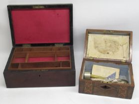 C19th mahogany jewellery box W30cm, Victorian Tunbridge Ware work box W22cm, plated ware and other