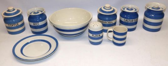 Group of T.G. Green blue and white striped Cornishware kitchen items, comprising a mixing bowl,