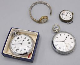 Swiss silver trench wristwatch, white enamel Arabic dial with red 12 and subsidiary seconds, three