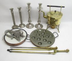 C19th brass gypsy kettle and stand H32cm, C19th brass fire tongs, similar poker, plate warmer and