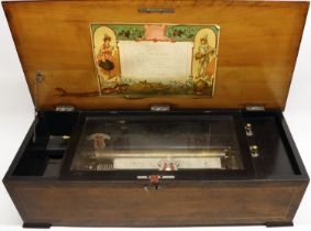 Late C19th walnut Swiss cylinder music box, inlaid and printed top opening to reveal ebonised