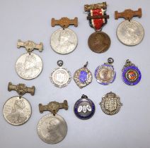 Four hallmarked silver sporting medallions/fobs, two other sporting fobs, and six Edw. VII London