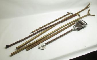 Rabbit foot topped walking stick, 2 other walking sticks, Alpine hiking stick and a shooting