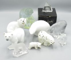 Collection of glass and ceramic Polar Bear figures inc. Snapphane Glastbruk, and a glass etched