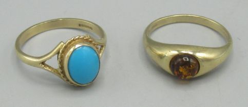 9ct yellow gold ring set with cabochon turquoise, size O1/2, and a 9ct gold ring set with amber,