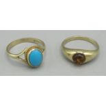 9ct yellow gold ring set with cabochon turquoise, size O1/2, and a 9ct gold ring set with amber,