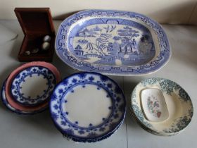 Victorian Willow pattern oval meat dish, a Victorian white glazed Rum barrel, two cheese dishes
