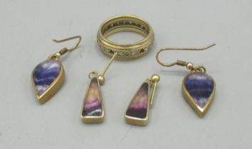 9ct yellow gold drop earrings set with blue john, another pair of gold blue john earrings without