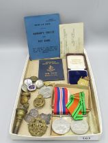 1939 - 1945 Defence Medal, 1939 - 1945 War Medal with box and papers, A.R.P. buttons, R.A.F. cap