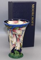 Moorcroft Pottery: Ivory Bells pattern trumpet vase, dated 2004, H15.5cm, with box