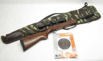 BSA .22 break barrel air rifle with quality mounted scope, and camouflaged gun carry bag