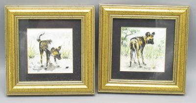 Lesley Bentley (Contemporary) Wild Dogs, pair of watercolours, signed and dated 99, 13cm x 13cm, (2)