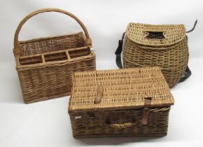 C20th wicker creel, wicker picnic basket and wicker wine basket (3)