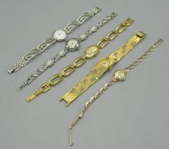 Ladies Everite wristwatch with 9ct yellow bracelet, stamped 375, 8.1g, and four other ladies watches