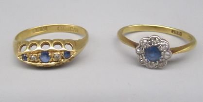 18ct yellow gold diamond and sapphire cluster ring, stamped, size L1/2, and another 18ct yellow gold
