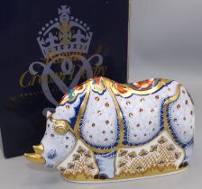 Royal Crown Derby paperweight: White Rhino, issued for Sinclairs, gold stopper, with box