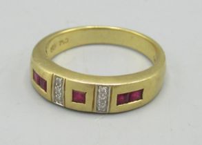 18ct yellow gold ring set with diamonds and rubies, stamped 750, size N1/2, 4.9g