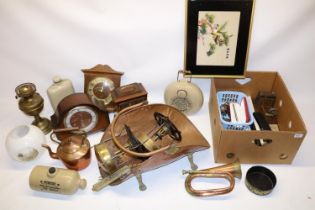 Mixed metalware incl, three stoves, Hawkes & Co brass and copper horn, brass and copper log
