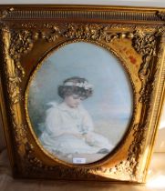 Decorative oval colour print of a girl with flowers, in gilt frame, 56cm x 45cm