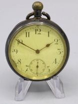 Omega silver keyless open faced pocket watch, white enamel Arabic dial with subsidiary seconds,