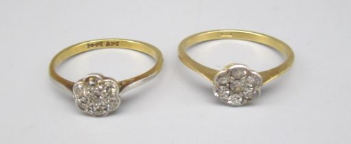 18ct yellow gold and diamond cluster ring, stamped 18ct, size P1/2, and a similar 18ct, platinum and