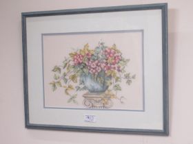 Two cross stitch still life studies of flowers, 33cm x 35cm (2)