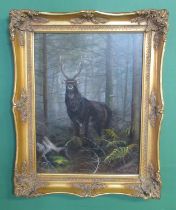 Elizabeth M Halstead (British C20th); 'Sika Stag', oil on board, signed, titled and inscribed 2000