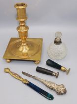 Desk accessories incl. two seals, letter opener with enamel decoration, and a bladed instrument with