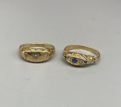 18ct yellow gold gypsy style ring set with three diamonds, size K, and another similar 18ct gold