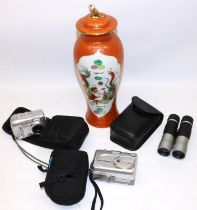 Mixed lot, comprising two digital cameras, pair of binoculars, and a C20th Chinese orange ground